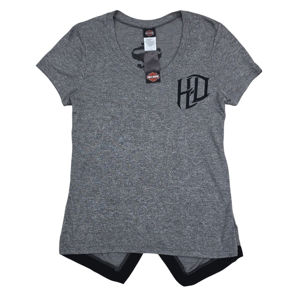 Harley-Davidson Mock Twist Crossover Back Tee Womens Medium Grey Biker Logo NWT